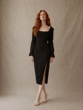 ASOS Black Long-Sleeve Square-Neck Midi Dress Size 6 LBD